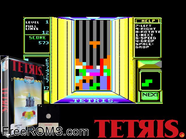 Tetris (UK) (1987) [a1] Amstrad CPC game showing 3D box cover and gameplay screenshot